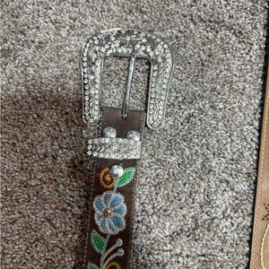 Western Embroidered Genuine Leather Brown Belt with Silver Buckle